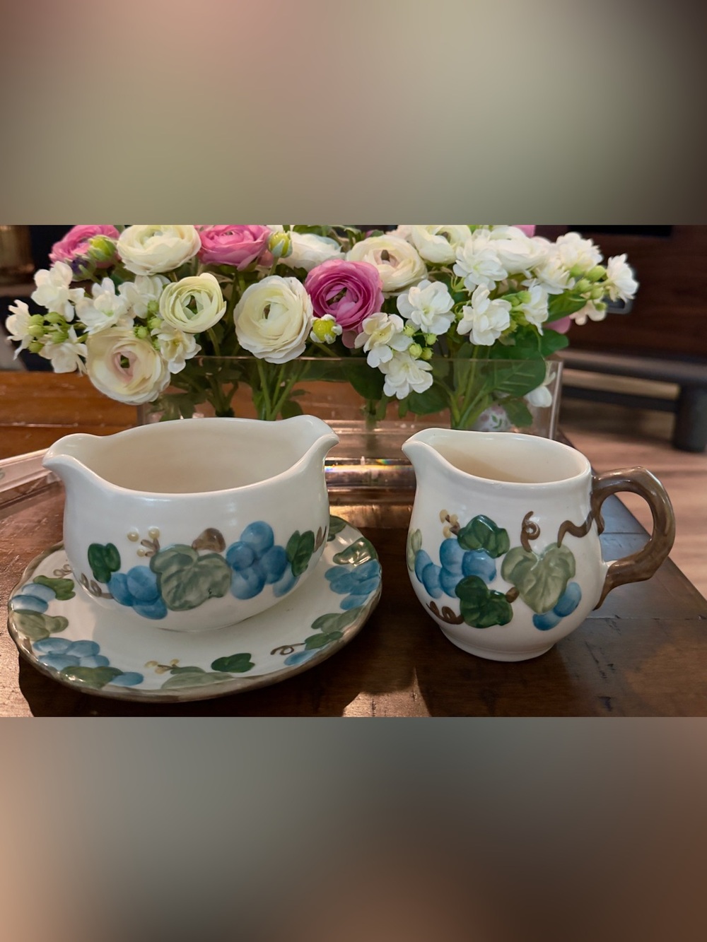 Poppy Trail by Metlox grape pattern gravy boat and creamer set